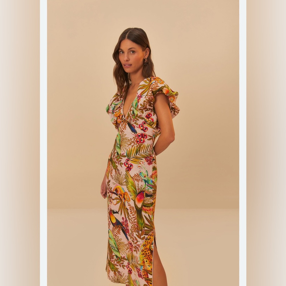 Farm Rio Tropical Print Ruffle Sleeve Dress